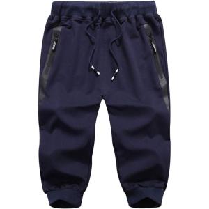 imageFlygo Mens Cotton Casual Shorts 34 Jogger Capri Pants Below Knee Cropped Pants Zipper PocketsNavy