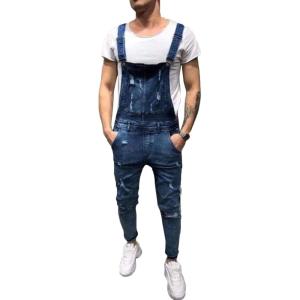 imageFlygo Mens Juniors Slim Denim Trousers Bib Overalls Ripped Jean JumpsuitsBlue