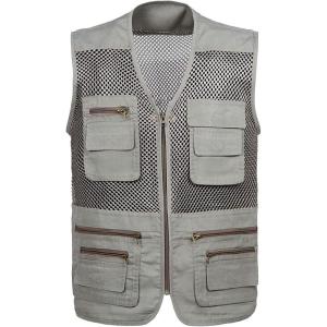 imageFlygo Mens Mesh Fishing Vest Outdoor MultiPocket Photagraphy Journalists Vest Beige Small
