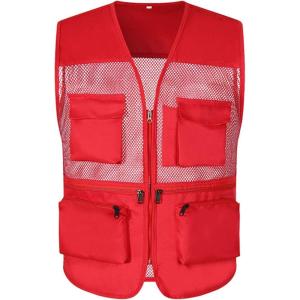 imageFlygo Mens Outdoor Summer Work Travel Safari Fishing Photo Vest with PocketsRed