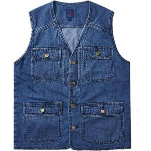 imageFlygo Mens Retro Washed Outdoor Collarless Work Safari Travel Denim Vest Sleeveless JacketBlue