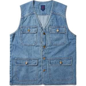 imageFlygo Mens Retro Washed Outdoor Collarless Work Safari Travel Denim Vest Sleeveless JacketLight Blue