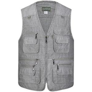 imageFlygo Mens Summer Casual Fishing Photography Vest MultiPocket Outdoor Waistcoat Jacket Small Light Grey