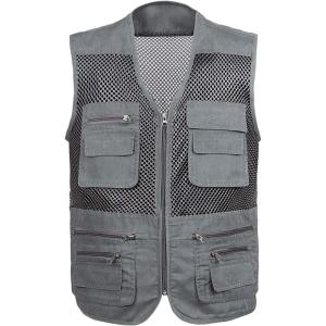 imageFlygo Mens Summer Mesh Fishing Vest Outdoor Photography Journalist Travel Vest with Pockets Grey S