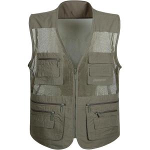 imageFlygo Mens Summer Mesh Fishing Vest Photography Work MultiPockets Outdoors Journalists Vest Sleeveless Jacket Small Grey