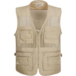 imageFlygo Mens Summer Mesh Fishing Vest Photography Work Multipockets Outdoors Journalists Vest Sleeveless Jacket XLarge Beige