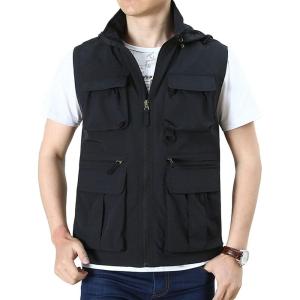 imageFlygo Mens Utility Casual Hooded Outdoor Work Fishing Travel Photo Vest Jacket with PocketsBlack
