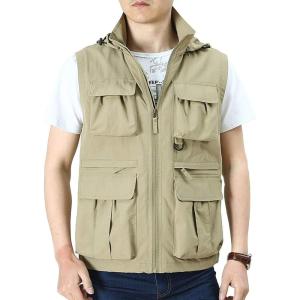 imageFlygo Mens Utility Casual Hooded Outdoor Work Fishing Travel Photo Vest Jacket with PocketsKhaki