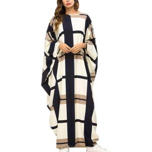 imageFlygo Muslim Abaya for Women Maxi Long Dresses Dubai Pendant Bat Sleeves Turkey African Caftan Kaftan Daily Casual One Size 01 Beige Plaid
