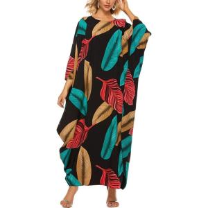 imageFlygo Muslim Abaya for Women Maxi Long Dresses Dubai Pendant Bat Sleeves Turkey African Caftan Kaftan Daily Casual One Size Leaf Printed