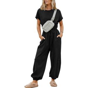 imageFlygo One Piece Jumpsuits for Women Crewneck Short Sleeve Casual Wide Leg Long Pants Drawstring Rompers Outfits with PocketsBlack
