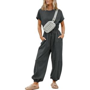 imageFlygo One Piece Jumpsuits for Women Crewneck Short Sleeve Casual Wide Leg Long Pants Drawstring Rompers Outfits with PocketsDarkgrey