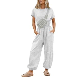 imageFlygo One Piece Jumpsuits for Women Crewneck Short Sleeve Casual Wide Leg Long Pants Drawstring Rompers Outfits with PocketsLightgrey