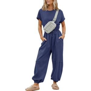 imageFlygo One Piece Jumpsuits for Women Crewneck Short Sleeve Casual Wide Leg Long Pants Drawstring Rompers Outfits with PocketsNavyblue