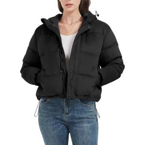 imageFlygo Puffer Jacket Womens Cropped Corduroy Hooded Winter Jackets Warm Quilted Long Sleeve Bubble Down CoatsBlack