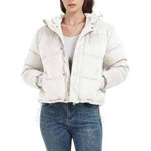 imageFlygo Puffer Jacket Womens Cropped Corduroy Hooded Winter Jackets Warm Quilted Long Sleeve Bubble Down CoatsWhite