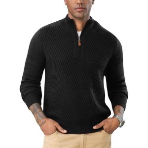 imageFlygo Quarter Zip Pullover Sweaters for Men Casual Long Sleeve Knitted Textured Mock Neck Polo SweaterBlack