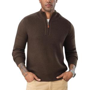 imageFlygo Quarter Zip Pullover Sweaters for Men Casual Long Sleeve Knitted Textured Mock Neck Polo SweaterBrown