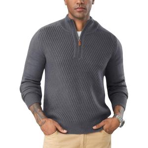 imageFlygo Quarter Zip Pullover Sweaters for Men Casual Long Sleeve Knitted Textured Mock Neck Polo SweaterDark Grey