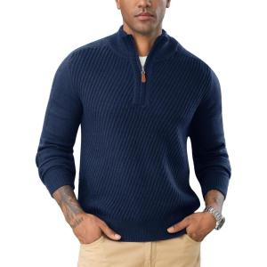 imageFlygo Quarter Zip Pullover Sweaters for Men Casual Long Sleeve Knitted Textured Mock Neck Polo SweaterNavy