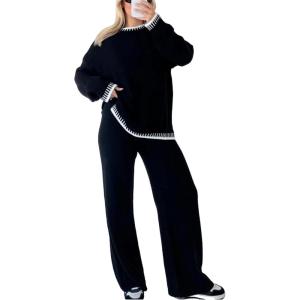 imageFlygo Sweater Sets Women 2 Piece Outfits Long Sleeve Pullover Sweater Tops Wide Leg Pants Lounge Set TracksuitsBlack