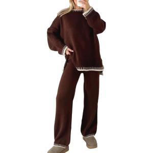 imageFlygo Sweater Sets Women 2 Piece Outfits Long Sleeve Pullover Sweater Tops Wide Leg Pants Lounge Set TracksuitsBrown