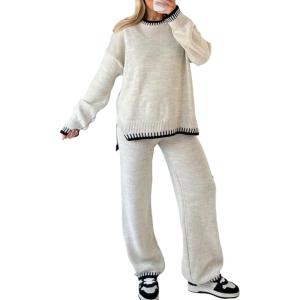 imageFlygo Sweater Sets Women 2 Piece Outfits Long Sleeve Pullover Sweater Tops Wide Leg Pants Lounge Set TracksuitsCream