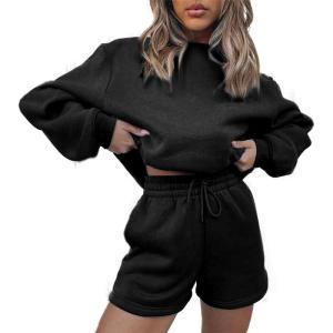 imageFlygo Women 2 Piece Tracksuits Outfits Fleece Oversized Jogging Suit Cropped Pullover Tops ShortsBlack