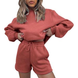 imageFlygo Women 2 Piece Tracksuits Outfits Fleece Oversized Jogging Suit Cropped Pullover Tops ShortsBrick Red