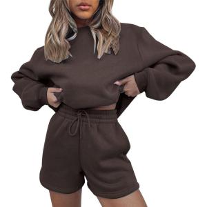 imageFlygo Women 2 Piece Tracksuits Outfits Fleece Oversized Jogging Suit Cropped Pullover Tops ShortsBrown
