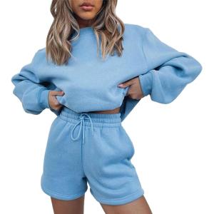 imageFlygo Women 2 Piece Tracksuits Outfits Fleece Oversized Jogging Suit Cropped Pullover Tops ShortsLight Blue