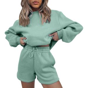 imageFlygo Women 2 Piece Tracksuits Outfits Fleece Oversized Jogging Suit Cropped Pullover Tops ShortsLight Green