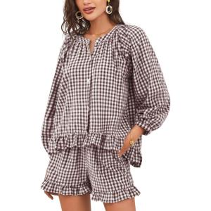 imageFlygo Women Gingham 2 Piece Pajama Sets Y2K Plaid Ruffle Short Sets Raglan Sleeve Shirt Lounge Shorts Sleepwear with PocketsCoffee