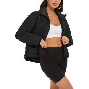 imageFlygo Women Lightweight Quilted Puffer Jacket Long Sleeve Zip Packable Down Jackets CoatBlack
