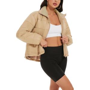 imageFlygo Women Lightweight Quilted Puffer Jacket Long Sleeve Zip Packable Down Jackets CoatKhaki