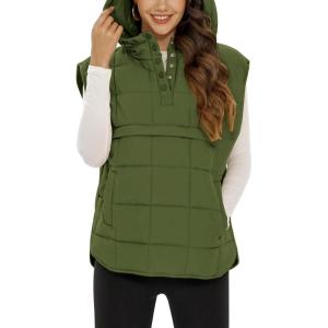 imageFlygo Women Quilted Pullover Puffer Vest Jacket Oversized Lightweight Sleeveless Down Vests OuterwearArmy Green