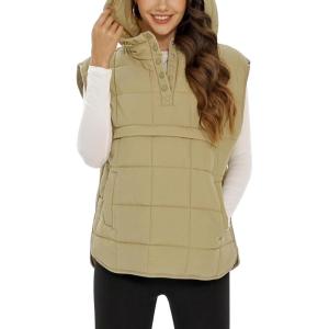 imageFlygo Women Quilted Pullover Puffer Vest Jacket Oversized Lightweight Sleeveless Down Vests OuterwearKhaki