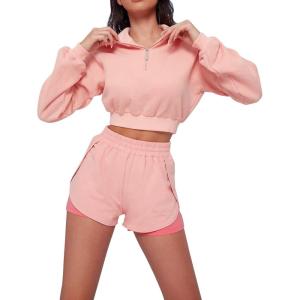 imageFlygo Women Two Piece Tracksuit Long Sleeves Sweatsuit Half Zip Crop Top Sexy Biker Shorts Jogging OutfitPinkM