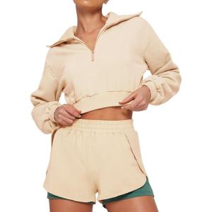 imageFlygo Women Two Piece Tracksuit Long Sleeves Sweatsuit Half Zip Crop Top Sexy Biker Shorts Jogging OutfitYellowXS
