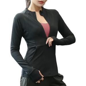 imageFlygo Womens 12 Zip Long Sleeve Workout Yoga Jacket Sports Shirt with Thumbhole PocketBlack