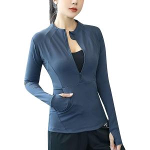 imageFlygo Womens 12 Zip Long Sleeve Workout Yoga Jacket Sports Shirt with Thumbhole PocketBlue