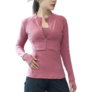 imageFlygo Womens 12 Zip Long Sleeve Workout Yoga Jacket Sports Shirt with Thumbhole PocketRed