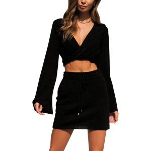 imageFlygo Womens 2 Piece Outfits Long Bell Sleeve Criss Cross Wrap Crop Top Mini Skirt SetBlack