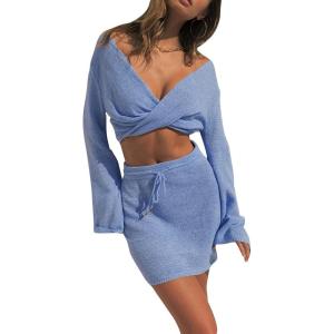 imageFlygo Womens 2 Piece Outfits Long Bell Sleeve Criss Cross Wrap Crop Top Mini Skirt SetBlue