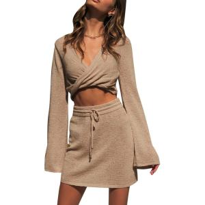 imageFlygo Womens 2 Piece Outfits Long Bell Sleeve Criss Cross Wrap Crop Top Mini Skirt SetKhaki