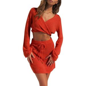 imageFlygo Womens 2 Piece Outfits Long Bell Sleeve Criss Cross Wrap Crop Top Mini Skirt SetRed