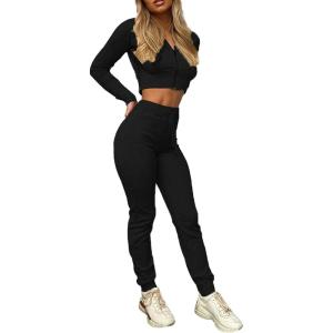 imageFlygo Womens 2 Piece Outfits Long Sleeve Zip Up Crop Hooded Sweatshirt Long Pants Tracksuit SetBlack