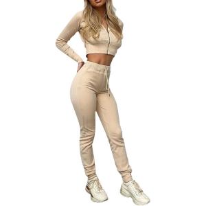 imageFlygo Womens 2 Piece Outfits Long Sleeve Zip Up Crop Hooded Sweatshirt Long Pants Tracksuit SetKhaki