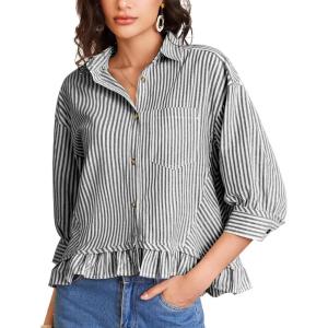 imageFlygo Womens 34 Sleeve Striped Button Down Shirts Cropped Ruffle Hem Casual Collared Drop Shoulder Cotton Blouse Summer TopsBlack