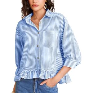 imageFlygo Womens 34 Sleeve Striped Button Down Shirts Cropped Ruffle Hem Casual Collared Drop Shoulder Cotton Blouse Summer TopsBlue